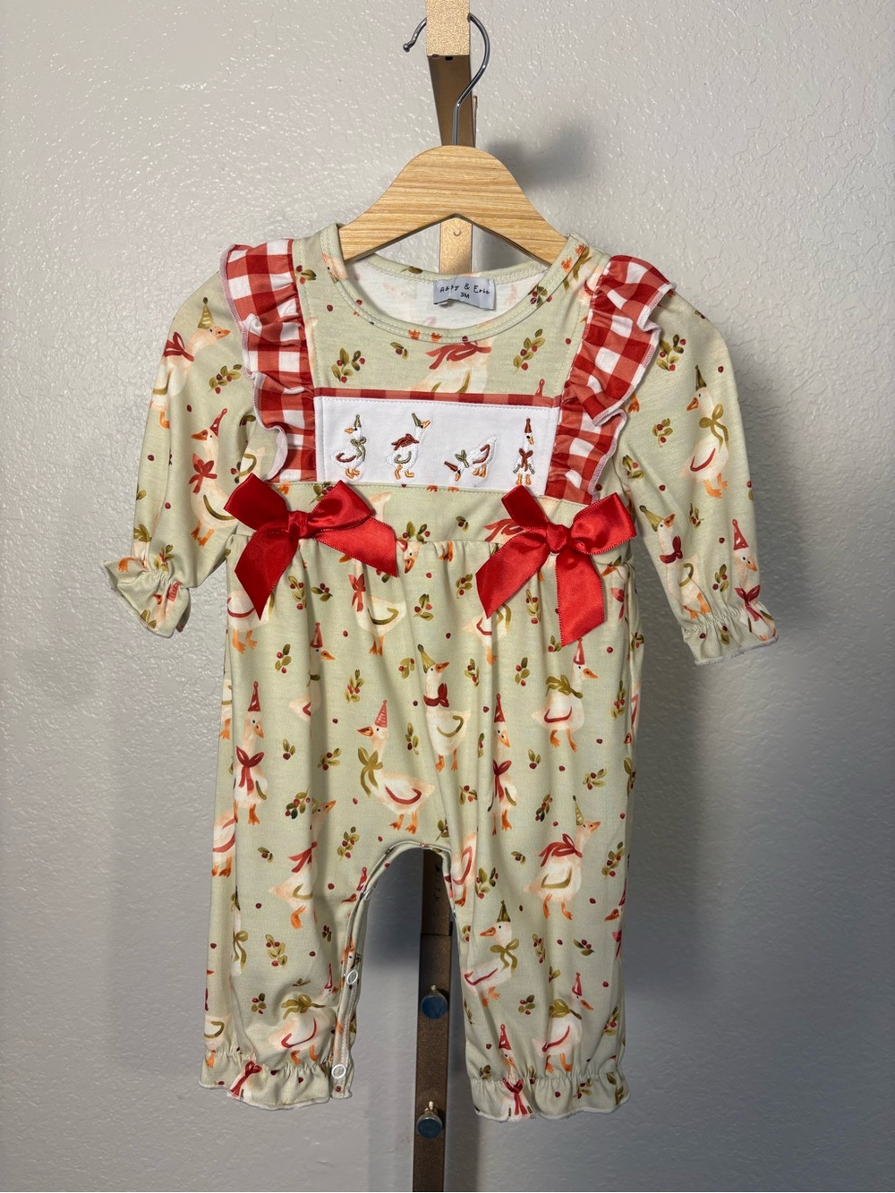 Abby & Evie Christmas Goose Embroidered Ruffle Bow Romper Baby 3M NWT